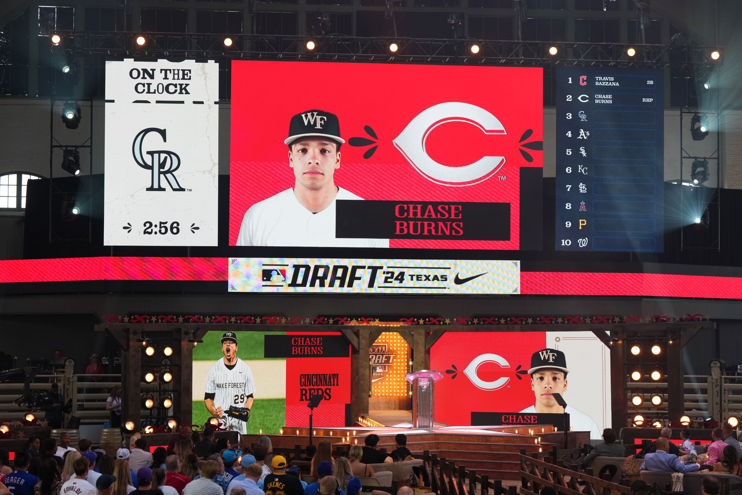 FORT WORTH, TX - JULY 14: A general view of the stage after Chase Burns was selected second overall by the Cincinnati Reds during the 2024 MLB Draft presented by Nike at Cowtown Coliseum on Sunday, July 14, 2024 in Fort Worth, Texas. (Photo by Sam Hodde/MLB Photos via Getty Images)