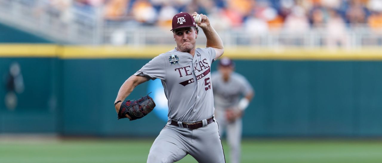 Evan Aschenbeck (53) Texas A&M Aggies vs Tennessee Vols in game 3 of the the College World Series Championship at Charles Schwab Field in Omaha, Nebraska on Monday, June 24, 2024 (Photo by Eddie Kelly / ProLook Photos)