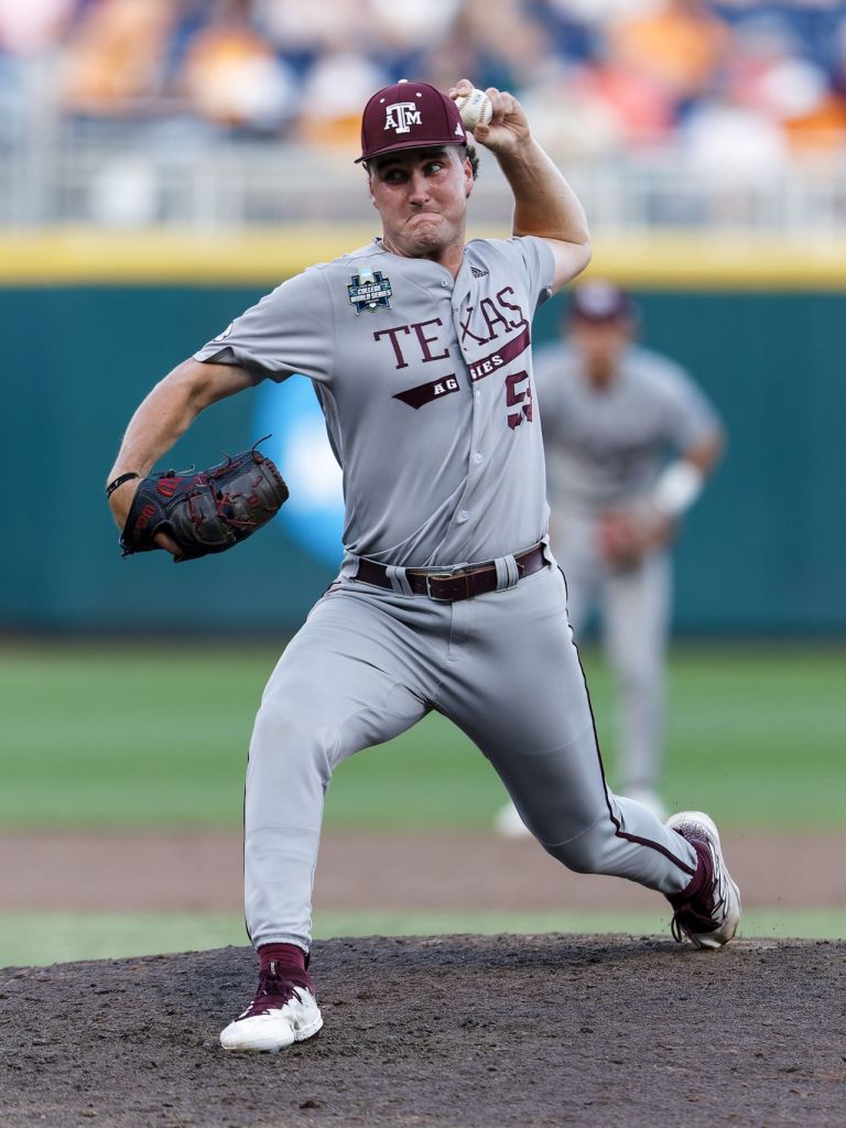 Evan Aschenbeck (53) Texas A&M Aggies vs Tennessee Vols in game 3 of the the College World Series Championship at Charles Schwab Field in Omaha, Nebraska on Monday, June 24, 2024 (Photo by Eddie Kelly / ProLook Photos)